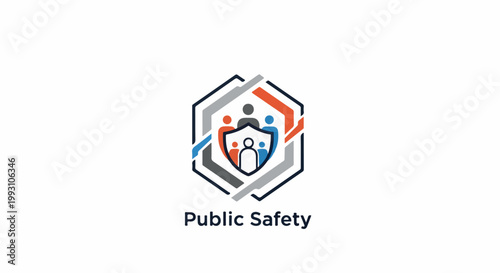 Abstract hexagonal logo with figures inside a shield and text below