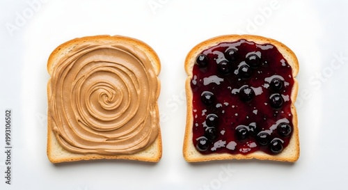 Peanut butter and blueberry jam on toast for healthy breakfast lifestyle food nutrition meal