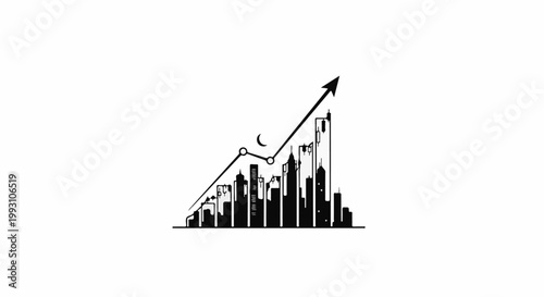 Silhouette of city skyline with upward trending graph and crescent moon