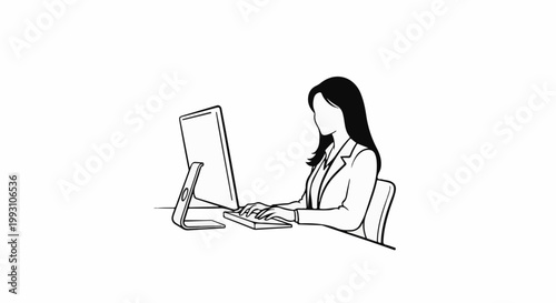 Professional woman working on a computer, black and white line drawing