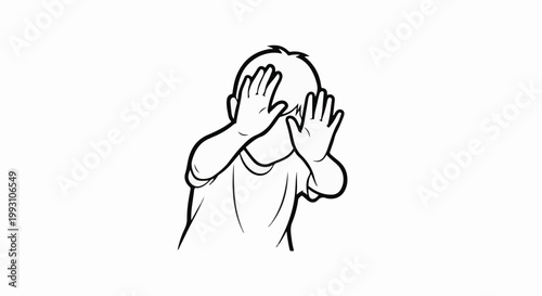 Child hiding face with hands, peeking through fingers in line art style
