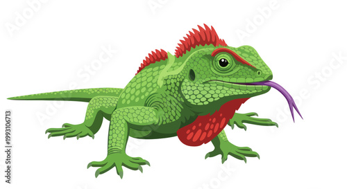 Green exotic iguana lizard with red crest and purple tongue illustration.