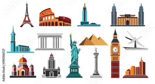 Flat design illustration of famous world travel icons and global historic monuments
