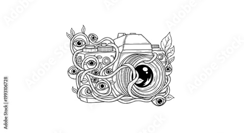Surreal line art illustration of a vintage camera entwined with eyeballs and leafy vines