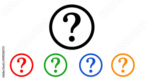 Abstract collection of colored question marks in circular frames on white background.