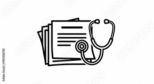 Stack of medical documents with a stethoscope on a white background
