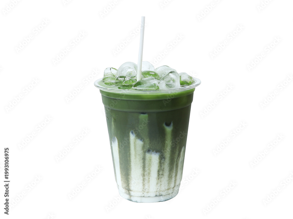 Fototapeta premium Ice of milk matcha green tea on glass isolated white background.