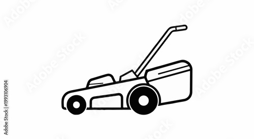 Simple line art of a push lawnmower with a grass catcher