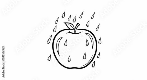 Simple line drawing of an apple with raindrops falling around it
