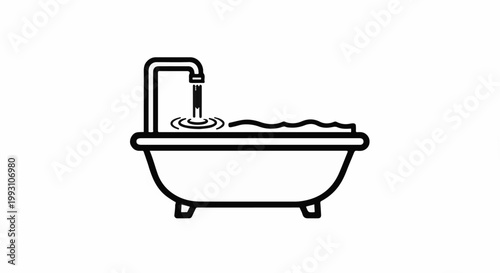Simple icon of a bathtub with water filling from a faucet, creating ripples