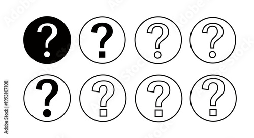 Abstract series of question mark icons enclosed in circular frames, depicting uncertainty and repetition across a monochrome layout.