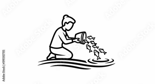 Person kneeling, pouring fish from a bucket into water