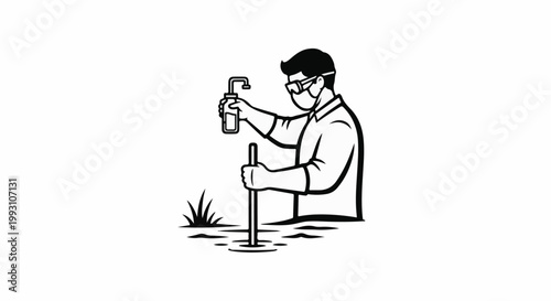 Person in mask and goggles collecting liquid sample with stick