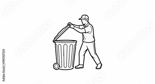 Person in hat lifts lid of wheeled trash can