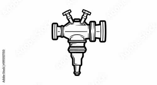 Line art of a dual tap faucet with connections for pipes and a nozzle