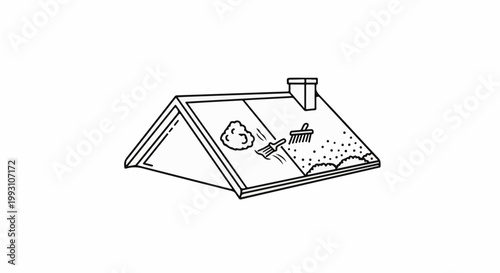 Line art illustration of roof cleaning debris, brush, and scattered particles