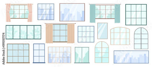 Collection of different window styles with frames, curtains and outdoor views. Set of windows isolated on white background. Vector flat cliparts. Concept of home and office interior.