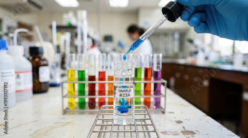 Scientist Conducting Chemical Experiment with Colorful Liquids in Test Tubes and Dropper While Dispensing Blue Liquid