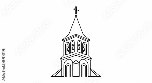 Outline of a church bell tower with arched windows and bells