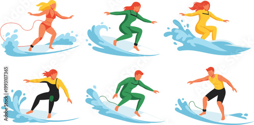 Flat vector collection of male and female surfers in wetsuits and swimwear riding blue ocean waves on surfboards for summer extreme sports graphic design