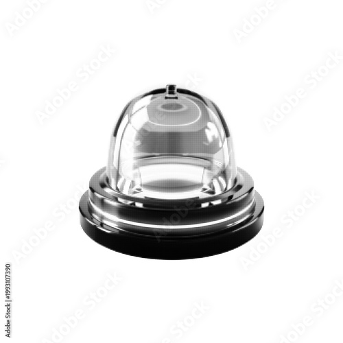 Halftone monochrome illustration of a service bell on a counter, rendered in a vintage dotted engraving style. The image symbolizes reception service, hospitality, customer assistance, and attention o