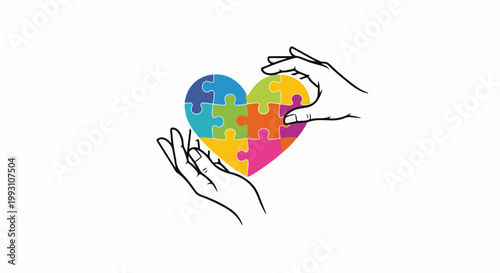 Hands assembling a colorful heart puzzle