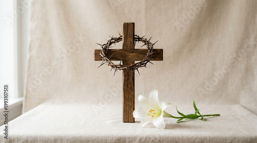 Wooden Christian Cross with Crown of Thorns and White Easter Lily Symbolizing the Resurrection on a Bright Background
