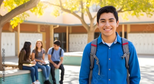 Teenager smiling with backpack in school courtyard surrounded by friends under bright sunny outdoor lighting