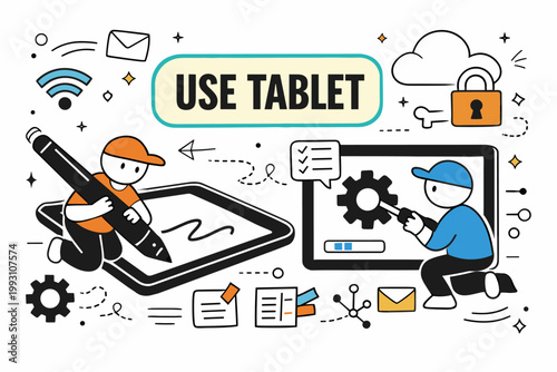 Business Meeting Exchange. Clean outline banner scene of conference and teamwork meeting: colleagues discussing around table across full canvas, oversized