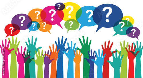 Vibrant crowd of diverse raised hands with question marks expressing curiosity and participation.