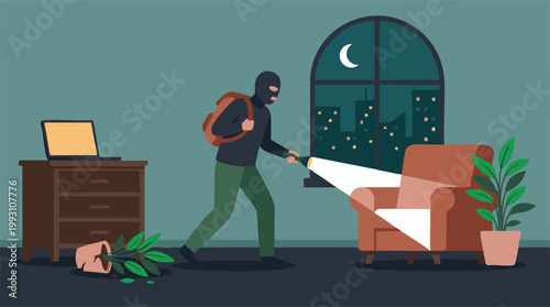 Burglar in balaclava breaking into house at night with flashlight