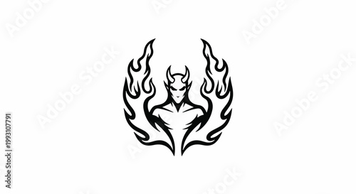 Fierce horned figure with stylized flames