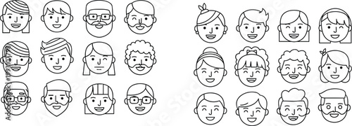 Diverse People Icon Set Featuring Various Hairstyles and Facial Features for Avatar, Profile, and Character Designs