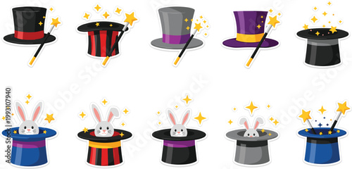 Magician Hat and Rabbit Icon Set Featuring Sparkles, Magic Wands, and Tricks for Magic, Illusion, and Performance Designs