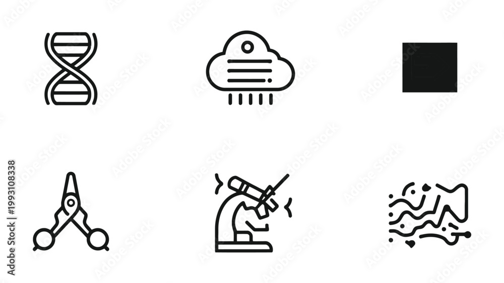 Fototapeta premium Science Icons: A collection of meticulously crafted line icons representing diverse facets of scientific exploration, from the intricacies of DNA to the precision of laboratory instruments.