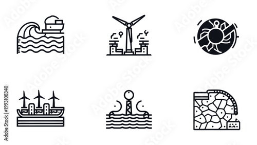 Renewable Energy Icons: A collection of meticulously crafted line icons representing diverse renewable energy sources and sustainable practices, ideal for conveying eco-conscious messages.