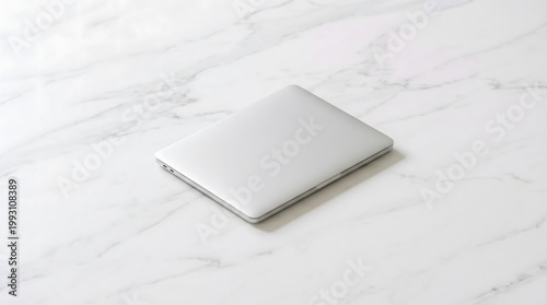Minimalist Closed Silver Laptop on a White Marble Desktop