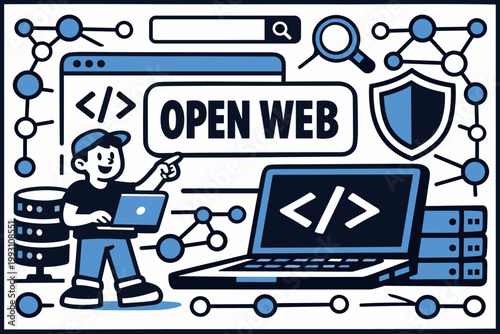 Business Growth Trends. Clean one-line drawing banner scene of one analyst comparing an oversized upward graph and giant downward chart, composition flowing to