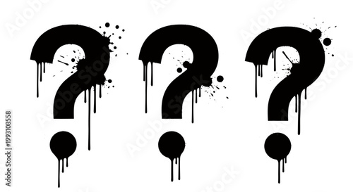 Three dripping question marks symbolize uncertainty and mystery in abstract graphic art.