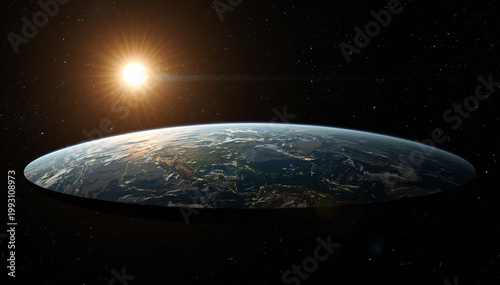 Flat Earth theory concept illustration showing a circular disk shaped world in outer space with a bright sun and stars