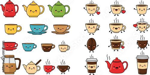 Cute Tea and Coffee Icon Set Featuring Cups, Teapots, Mugs, and Beans with Fun Expressions for Beverage, Cafe, and Drink Designs