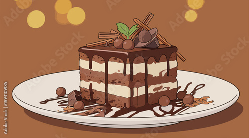Chocolate Layered Dessert with Toppings on Plate