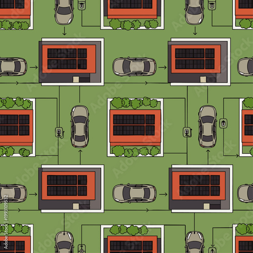 Seamless pattern of eco-friendly smart homes with solar panels and electric cars charging, illustrating sustainable urban living and green energy solutions.