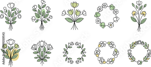 Floral wreath and bouquet vector set with hand drawn flowers, leaves arrangements and botanical decorative elements illustration