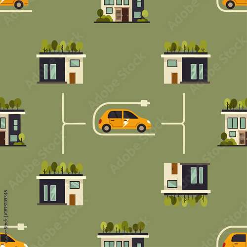 Seamless pattern of sustainable smart homes with green roofs and electric car charging, illustrating eco-friendly urban living and renewable energy solutions.