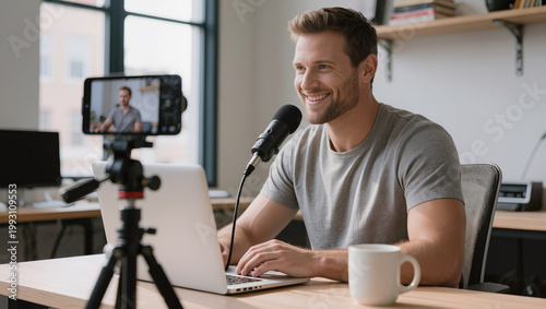smiling male influencer recording video content in cozy home office, young professional creator speaking to camera at desk with laptop, happy man freelancer or vlogger working in bright creative works
