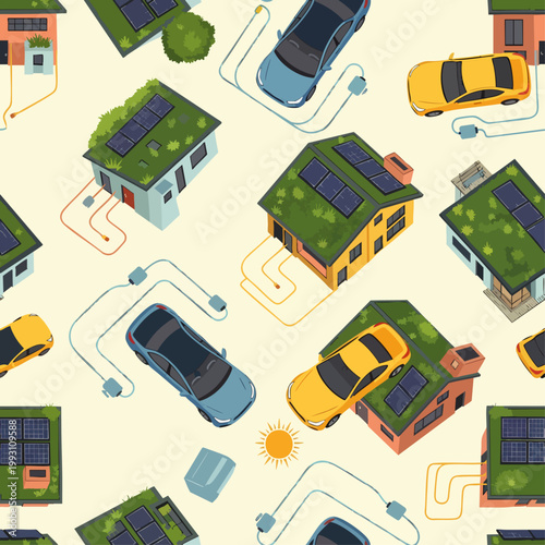 Seamless pattern of isometric houses with solar panels and electric cars charging, depicting sustainable energy, smart homes, and eco-friendly living.
