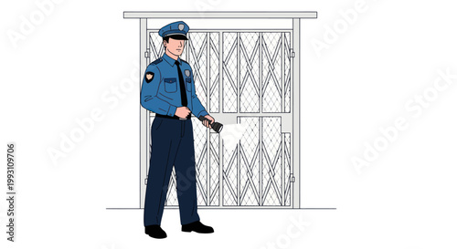 Security guard in blue uniform standing.
