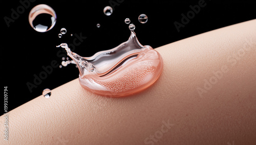 Macro shot of a refreshing water splash on smooth human skin representing beauty and hydration concepts against a black background