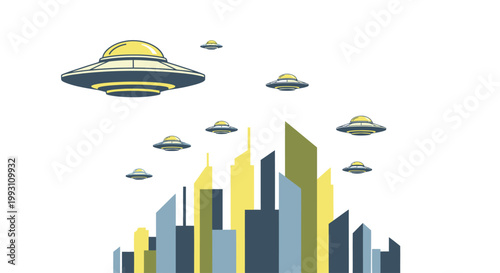 Flying Saucers Above City Skyline Silhouette.